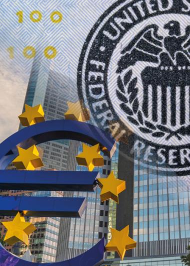 Logo van de ECB en van de Federal Reserve